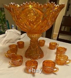 Imperial Carnival Glass Iridescent Marigold Punchbowl Set