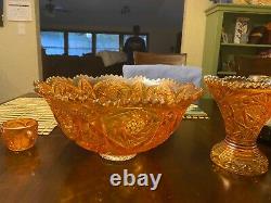 Imperial Carnival Glass Iridescent Marigold Punchbowl Set