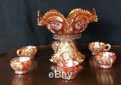 Imperial Carnival Glass Punch Bowl With Stand And 6 Cups/ Mint Condition