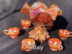 Imperial Carnival Glass Punch Bowl With Stand And 6 Cups/ Mint Condition