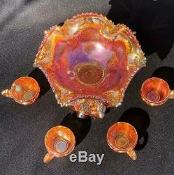 Imperial Carnival Glass Punch Bowl With Stand And 6 Cups/ Mint Condition