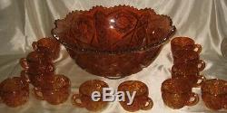 Imperial Carnival Marigold Whirling Star Punch Bowl & 12 Cup Iridescent Line 500