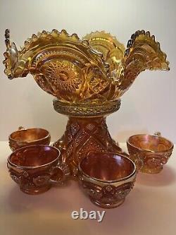 Imperial Fashion Marigold Carnival Glass Punch Bowl and 4 cups Arches Pattern