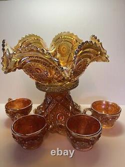 Imperial Fashion Marigold Carnival Glass Punch Bowl and 4 cups Arches Pattern