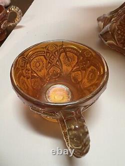 Imperial Fashion Marigold Carnival Glass Punch Bowl and 4 cups Arches Pattern