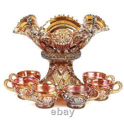 Imperial Fashion Marigold Carnival Punch Bowl, Stand and Cups Set, Antique c1909
