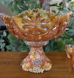 Imperial Glass 474 Marigold Punch Bowl & Cups Carnival Glass Set