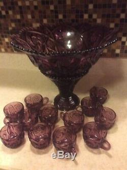 Imperial Glass Amethyst Whirling Star Punch Bowl & 12 Cups 14 Piece