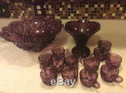 Imperial Glass Amethyst Whirling Star Punch Bowl & 12 Cups 14 Piece