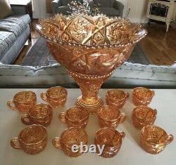 Imperial Glass Carnival Whirling Star Punch Bowl Set 12 Cups