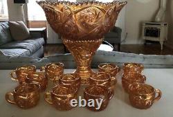 Imperial Glass Carnival Whirling Star Punch Bowl Set 12 Cups