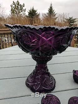 Imperial Glass Corp 15 pc Whirling Star Burgundy Punch Bowl Set Vintage