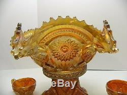 Imperial Glass Marigold Carnival Glass Punch Bowl with Pedestal and 4 Cups 1910