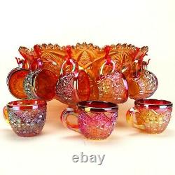Imperial Glass Marigold Punch Bowl Whirling Star Amberina Cups Heirloom 13pcs