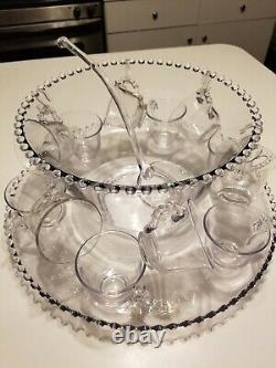 Imperial Glass Ohio Candlewick Clear Punch Bowl Tray & Cups 15 Piece Set