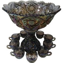 Imperial Glass-Ohio Whirling Star Carnival Glass Punch Bowl Set with 12 Cups Iri