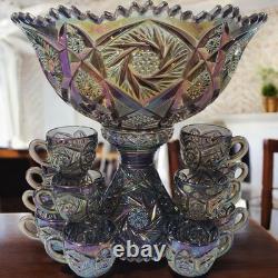 Imperial Glass-Ohio Whirling Star Carnival Glass Punch Bowl Set with 12 Cups Iri