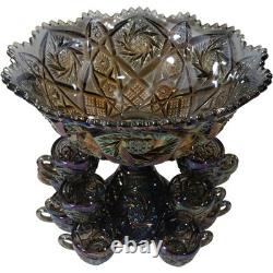 Imperial Glass-Ohio Whirling Star Carnival Glass Punch Bowl Set with 12 Cups Iri