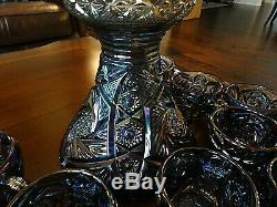 Imperial Glass Peacock Smoke Carnival WHIRLING STAR Punch Bowl Set 12 Cups