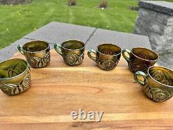 Imperial Glass Whirling Hobstar Smoke Purple Green Punch cups set Of 6