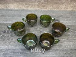 Imperial Glass Whirling Hobstar Smoke Purple Green Punch cups set Of 6