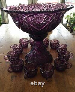 Imperial Glass Whirling Star Amethyst Punch Bowl + 12 Cups, Perfect Condition