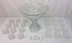 Imperial Glass Whirling Star Clear Crystal Punch Bowl Set 23 Glasses