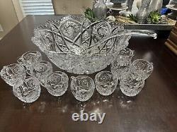 Imperial Glass Whirling Star Clear Punch Bowl, Ladle, And 11 Cups