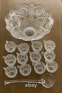 Imperial Glass Whirling Star Clear Punch Bowl, Ladle, And 12 Cups
