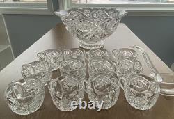 Imperial Glass Whirling Star Clear Punch Bowl, Ladle, And 12 Cups