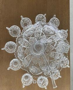 Imperial Glass Whirling Star Clear Punch Bowl, Ladle, And 12 Cups