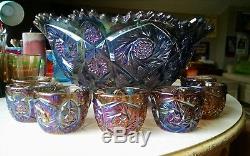 Imperial Glass Whirling Star Pattern Purple Punch Bowl & 7 Cups Carnival Vtg