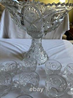 Imperial Glass Whirling Star Punch Bowl Stand 12 Cups & Glass Ladle