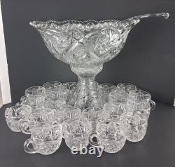 Imperial Glass Whirling Star Punch Bowl Stand 21 Cups & Glass Ladle Smooth Base