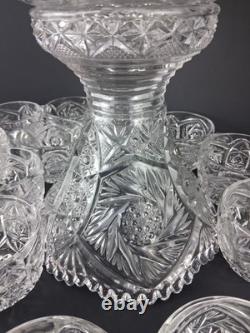 Imperial Glass Whirling Star Punch Bowl Stand 21 Cups & Glass Ladle Smooth Base