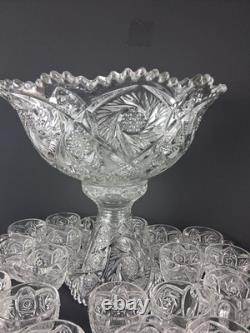 Imperial Glass Whirling Star Punch Bowl Stand 21 Cups & Glass Ladle Smooth Base