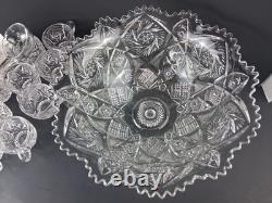 Imperial Glass Whirling Star Punch Bowl Stand 21 Cups & Glass Ladle Smooth Base