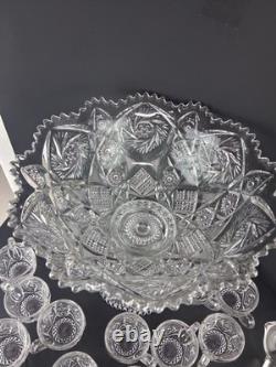 Imperial Glass Whirling Star Punch Bowl Stand 21 Cups & Glass Ladle Smooth Base