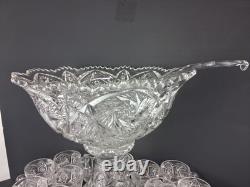 Imperial Glass Whirling Star Punch Bowl Stand 21 Cups & Glass Ladle Smooth Base