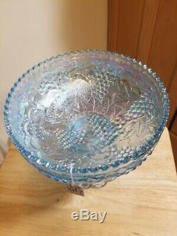 Imperial Grape Horizon Ice Blue Carnival Glass punch bowl set RARE (18 pcs)