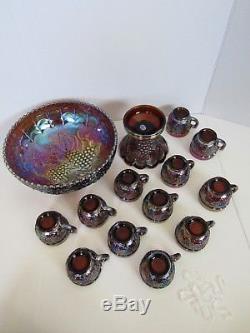 Imperial Grapes Amethyst Amber Carnival Glass Punch Bowl Set
