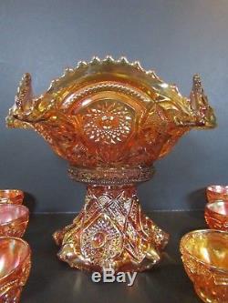 Imperial Hobstar Marigold Carnival Glass Punch Bowl & Cups Set