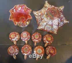 Imperial Hobstar Marigold Carnival Glass Punch Bowl & Cups Set