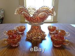 Imperial Hobstar carnival glass marigold ruffled punch bowl with6 cups