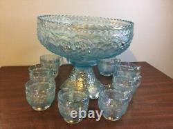 Imperial Ice Blue Carnival Glass Punch Bowl Set Bowl, Stand & 8 Cups
