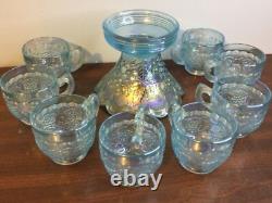 Imperial Ice Blue Carnival Glass Punch Bowl Set Bowl, Stand & 8 Cups