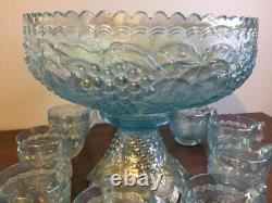 Imperial Ice Blue Carnival Glass Punch Bowl Set Bowl, Stand & 8 Cups