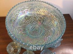 Imperial Ice Blue Carnival Glass Punch Bowl Set Bowl, Stand & 8 Cups