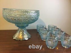 Imperial Ice Blue Carnival Glass Punch Bowl Set Bowl, Stand & 8 Cups