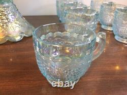 Imperial Ice Blue Carnival Glass Punch Bowl Set Bowl, Stand & 8 Cups